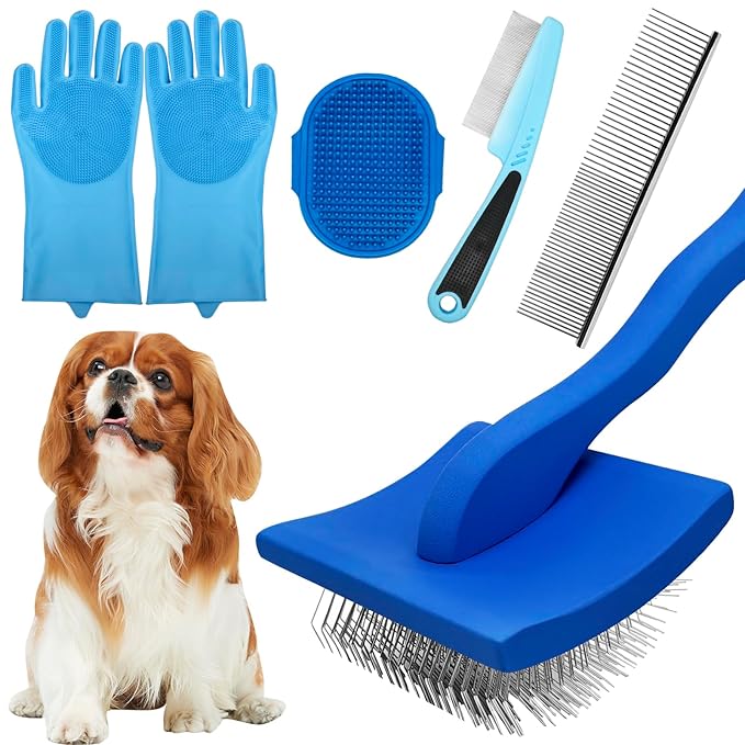 Dog Grooming Brush Set – 5-Piece Kit for Medium & Long-Haired Dogs | Includes Long Pin Brush, Flea Comb, Bath Glove, Silicone Glove, Metal Comb | For Poodles, Huskies & More (Blue)-Mewly Pet
