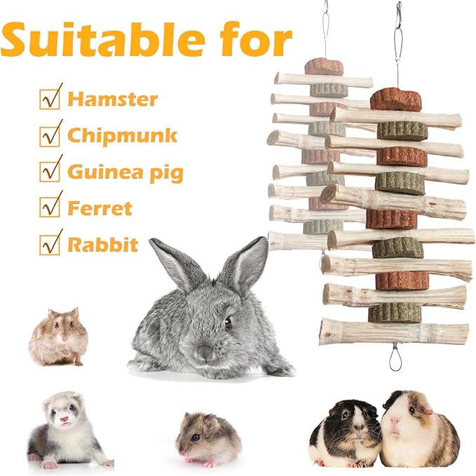 4 PCS Rabbit Chew Toys for Teeth Grinding, Delicious Bunny Cage Hanging Chew Toys, Natural Sweet Bamboo Chew Sticks and Timothy Grass Cake Hay Treats Maintaining Healthy Teeth for Rabbits-Mewly Pet