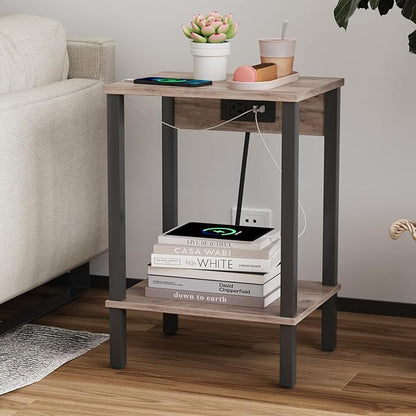 VIMBER Set of 2 End Table with Charging Station, Narrow Side Table with USB Ports and Outlets, Nightstands with 2-Tier Storage Shelves, Sofa Table for Small Space Living Room Bedroom, Greige