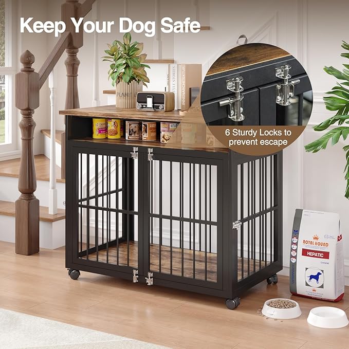 39.4" Dog Crate Furniture for Medium and Large Breed, Dog Kennel Furniture with Storage Shelf & Lockable Wheels, Heavy Duty Wooden End Side Table Pet Cage Indoor, Chew-Resistant, Brown-Mewly Pet