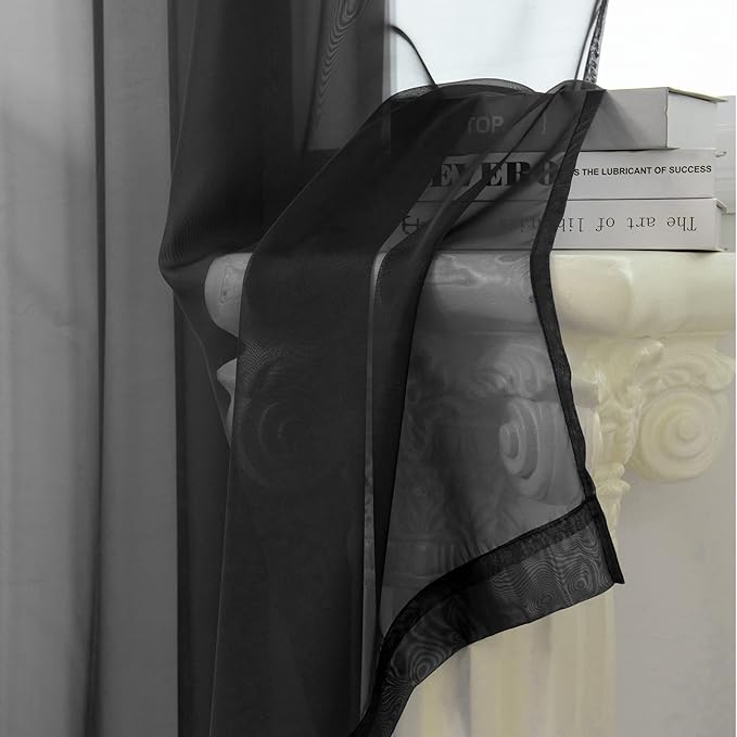 HUTO Black Sheer Curtains 96 Inches Long for Living Room Rod Pocket Voile Window Drapes for Bedroom,2 Panels