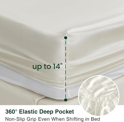 Love's cabin Satin King Sheet Sets - 4 Piece Ivory Silky Sheets King Size Bed Set with Deep Pocket, Luxury Silk Feel King Size Satin Sheet Set (1 Flat Sheet,1 Fitted Sheet,2 Pillow Cases)