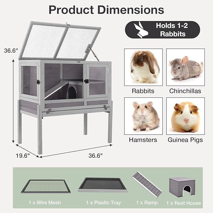 Guinea Pig Cage with Wooden Stand - Hamster Cage, Small Animal Cage Anti Chew Ramp, Hideout, Platform, Pull Out Tray (Grey, L)-Mewly Pet