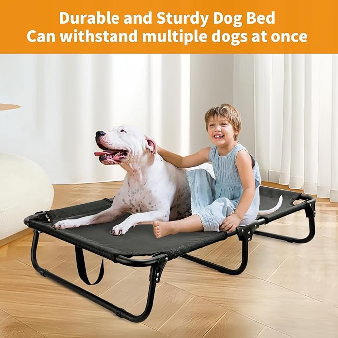 Elevated Dog Bed Large Sized Dog Cots Beds for Large Dogs Foldable Raised Dogs Beds Outdoor Cooling Chew-Proof, No Assembly Need, Black-Mewly Pet