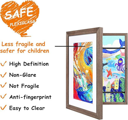 KINLINK 10x12.5 Kids Art Frames Set of 2, Solid Wood Kids Artwork Frames Changeable with Acrylic Front Opening Holds 150 Pictures, Art Frame for Kids Artwork with Mat or without Mat, Brown Wood