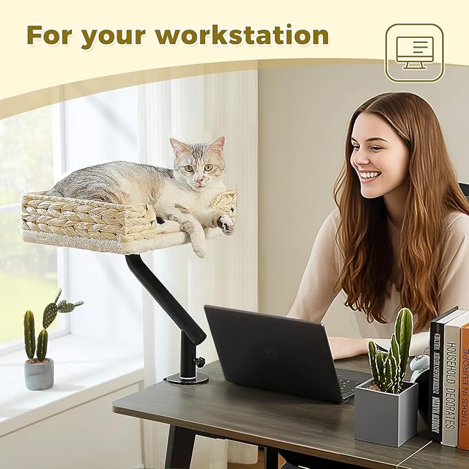 PAWZ Road Cat Desk Bed for Indoor Cats, Wicker Cat Bed for Desk Supports Up to 50 lbs, 360° Rotation & Adjustable Soft Plush Cats Hammock for Desktop, White-Mewly Pet