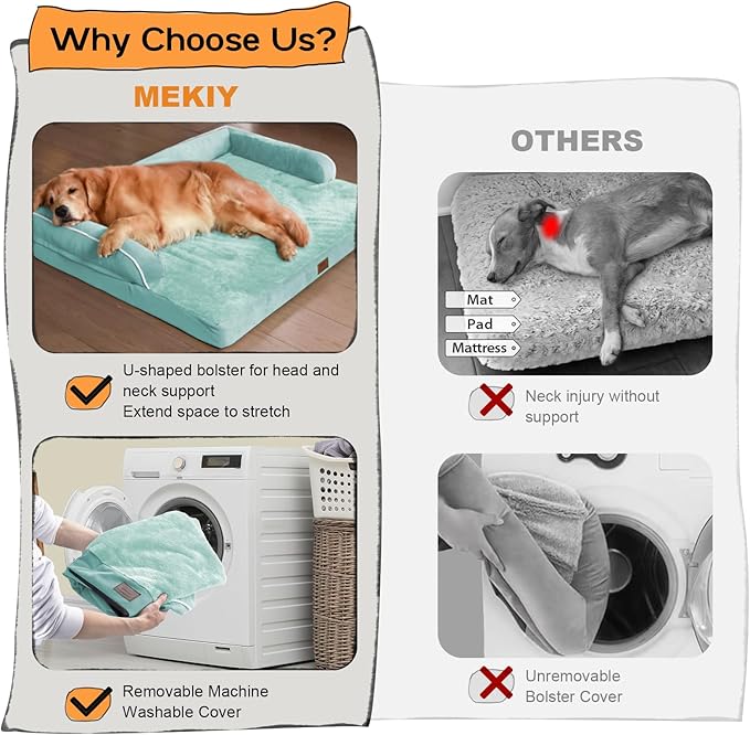 Orthopedic Washable Large Dog Bed, Dog Beds with Removable Cover, Large X XL Pet with Bolster, Washable Aqua Blue Dog Beds with Orthopedic Egg Foam for Medium Large Dogs-Mewly Pet