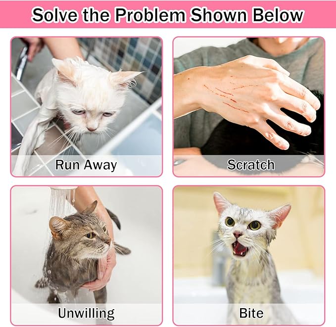 JULMELON Cat Washing Bag 10 PCS Set, Adjustable Cat Shower Net Bag and Pet Grooming Brush with Nail Clipper Nail File Hair Combs Tick Tool Nail Caps for Bathing Nail Trimming Examination(Pink+Grey)-Mewly Pet