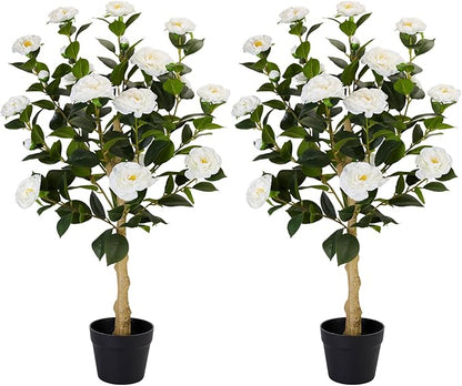 3FT Artificial Camellia Tree, 2 Pack Fake Camellia Tree Artificial Tree, Faux Floral Plants in Cement Pot, Greenery Potted Plant for Indoor Outdoor Home Office Porch Decor (White)