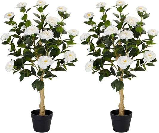 3FT Artificial Camellia Tree, 2 Pack Fake Camellia Tree Artificial Tree, Faux Floral Plants in Cement Pot, Greenery Potted Plant for Indoor Outdoor Home Office Porch Decor (White)