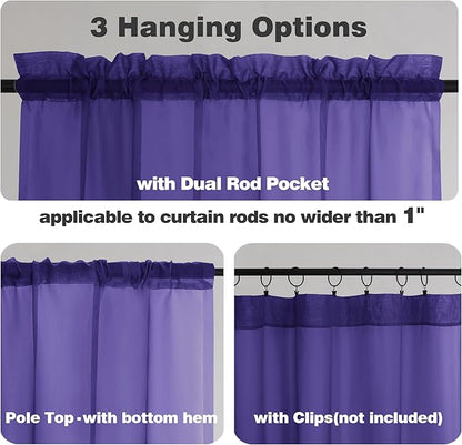 Chyhomenyc Purple Sheer Curtains 54 Inch Long 2 Panels, Light Filtering Rod Pocket Voile Short Curtains Drapes for Living Room Bedroom Small Windows, 42Wx54L Inches