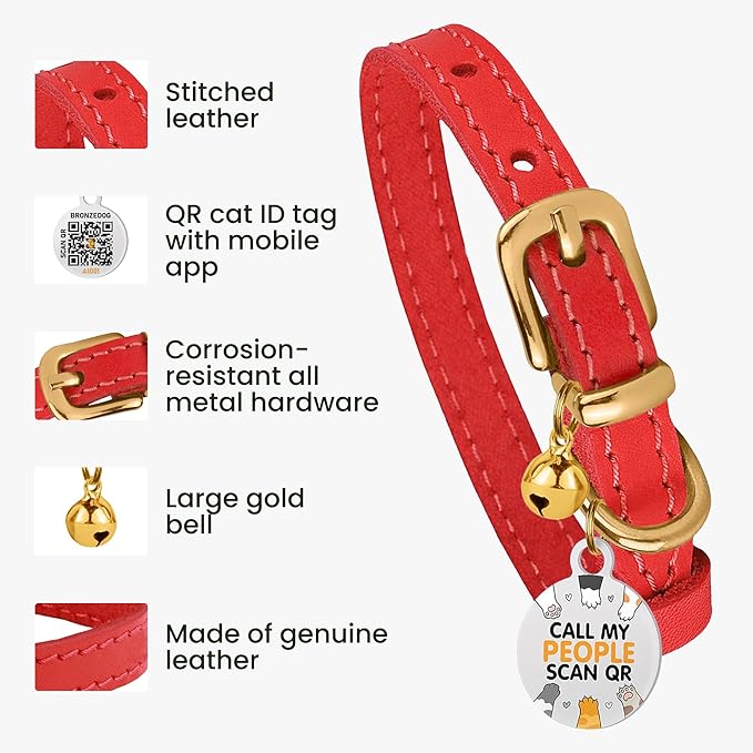 BRONZEDOG Leather Cat Collar with Removable Bells Non Breakaway Kitten QR Tag for Girl Boy (9" - 12" Cats/Mini Dogs, Red & Gold)-Mewly Pet