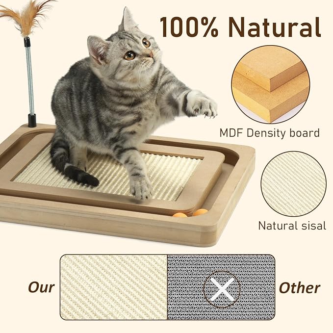 PEEKAB Cat Scratcher,Sisal Scratching Board with Track Ball Interactive Toy and Swing Feather Toys for Indoor Cats and Kittens,Large Heavy Durable-Mewly Pet