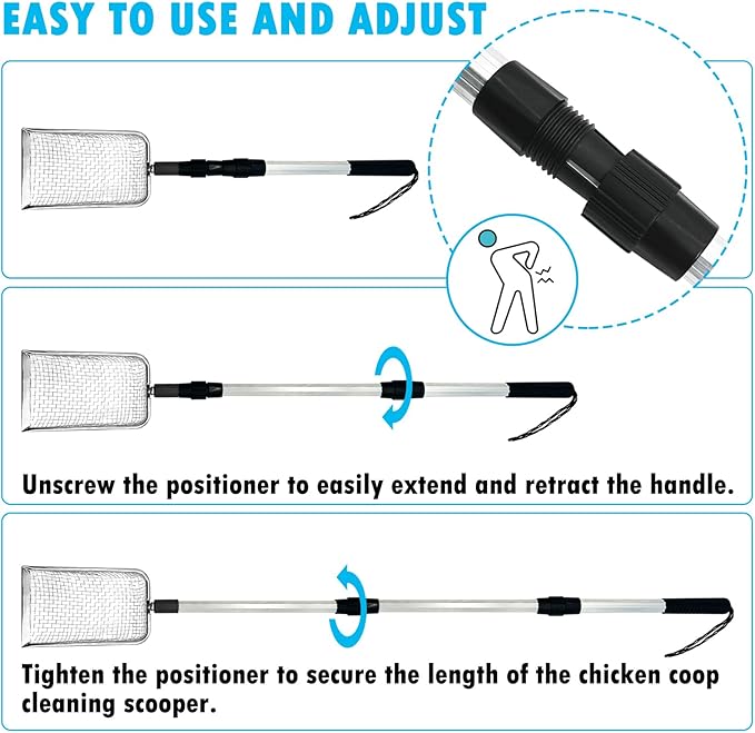 PINVNBY Stainless Steel Chicken Poop Scooper 3 in 1 Adjustable Long Handle Poop Scooper for Chicken(22.3" to 47.6") Multifunctional Chicken Coop Cleaning Tools Sifting Shovel Chicken Coop Accessories-Mewly Pet