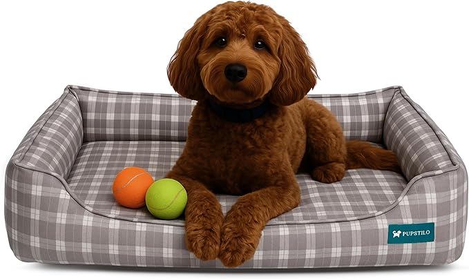 Orthopedic Bolster Dog Bed – CertiPUR-US Foam, Recycled Polyester Canvas, Washable Cover, Anti-Slip Bottom, Medium, Grey Plaid – Stylish Designer Dog Sofa-Mewly Pet