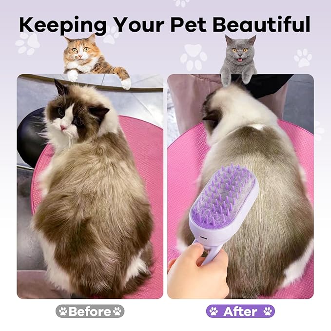 Cat Steam Brush for Shedding, 4 in 1 Rechargeable Steam Brush for Cats and Dogs, Anti-Static, Massage, Cleaning, Shedding & Combing All In One! (purple)-Mewly Pet