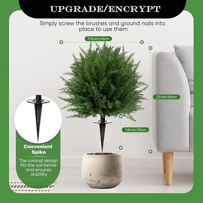 24'' Upgraded Artificial Cedar Topiary Ball Trees with Ground Spike, UV Resistant Fake Bushes, Set of 2 Faux Cypress Fake Plants Faux Shrubs for Outdoor Indoor Front Porch Garden Decor