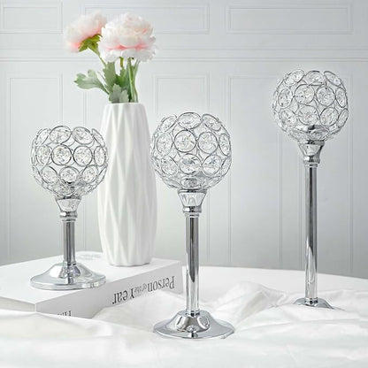 Crystal Metal Tealight Candlestick, Bling Bowl Candelabras, Tall Crystal Votive Candle Holders Elegant Crystal Candle Centerpiece for Dining Table Wedding Decor (Set of 3, Silver)