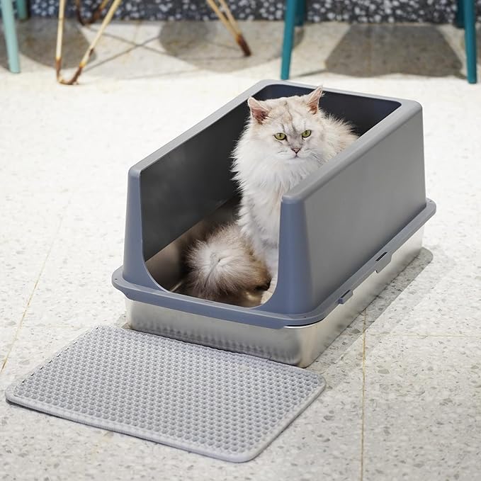 Stainless Steel cat Litter Box, Covered Metal Litter Box, cat Litter Pans with high Sides, Kitty Litter Boxes for Indoor Cats (Non Sticky, Easy to Clean, Anti-Urine Leakage) 17.5" L x 13.5" W x 4" H-Mewly Pet