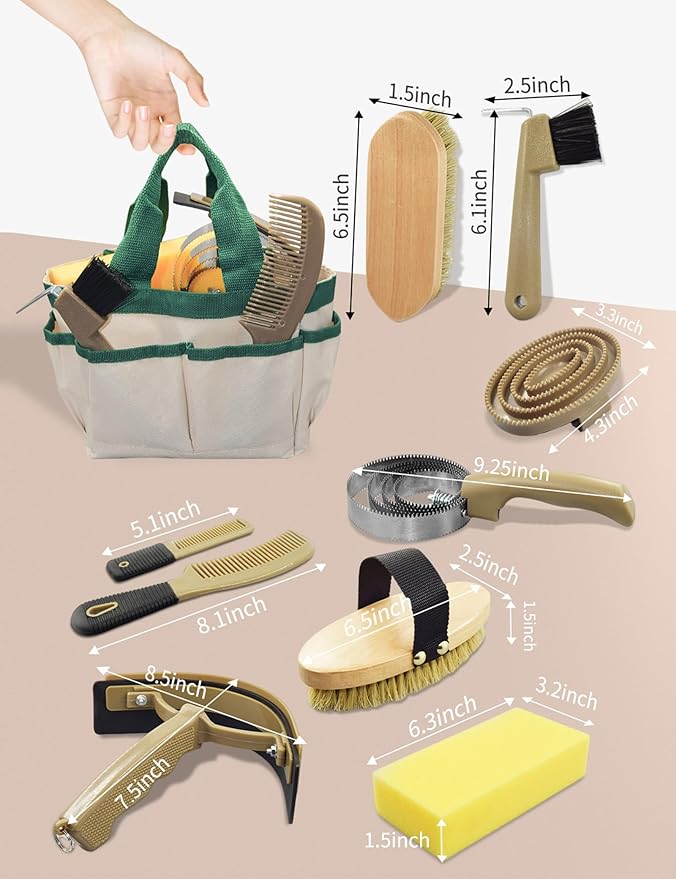 9 Pieces Horse Grooming Kit, Tack Room Supplies Set with Tote Bag, Horse Brush Set for Effective Cleaning and Bathing, Professional Equine Coat Care Kit for Horse Riders Beginner-Mewly Pet