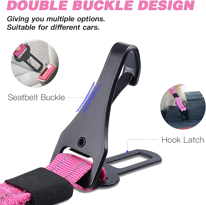 AUBELL Dog Seat Belt for Car,2 Pack Set 3-in-1 Adjustable Reflective Bungee Heavy Duty Dog Car Harness Tether with Clip Hook Latch & Buckle,Swivel Zinc Alloy Carabiner,Black+Hotpink-Mewly Pet