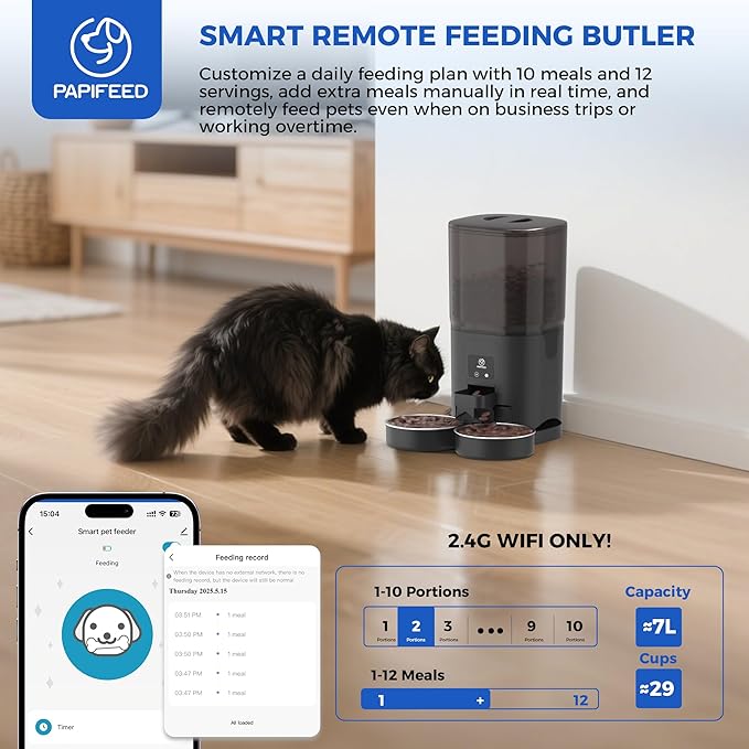 PAPIFEED 7L Automatic Cat Feeder for 2 Cats - 2.4G WiFi Timed Auto Feeder with APP Control, Cat Food Dispenser with Alexa for Multiple Cats, Detachable for Easy Clean, 1-10 Meals Per Day - Black-Mewly Pet