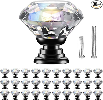 POZEAN Crystal Cabinet Knobs 30Pack, 1.18inch Dresser Knobs for Cabinet, Drawer with Two Different Sizes Screws, Diamond Glass Pulls Handles (30mm, 30Pack, Clear-Black)