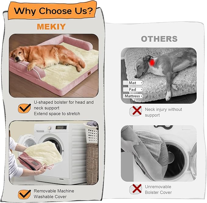 Orthopedic Washable Large Dog Bed, Pink Dog Beds with Removable Cover, Large XXXL Pet Dogs with Bolster, Washable Dogs Beds Sofa with Orthopedic Egg Foam for Medium Large Pet-Mewly Pet