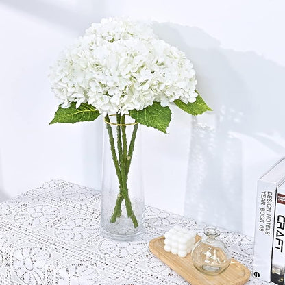 Waipfaru 21" Real Touch White Hydrangea Artificial Flowers with Long Stem & Leaves, Full Latex Faux Hydrangea Flowers for Home Party Decor Floral Arrangements Wedding Bouquets Centerpieces, 2Pcs