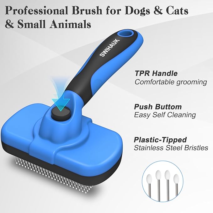 Swihauk Self Cleaning Slicker Brush - Skin Friendly Deshedding Grooming Tool for Dogs & Cats, Suitable for Shedding & Haired Pets, with Pet Supplies Accessories, Blue-Mewly Pet