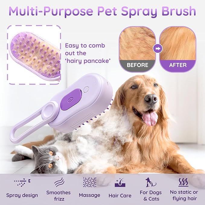 GKZ Cat Steam Brush, 3 in 1 Pet Comb for Massage, Cleaning, Shedding and Combing, Electric Mist to Prevent Flyaways for Home, Dogs and Cat Lovers - Purple-Mewly Pet