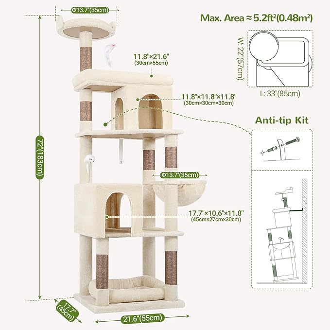 Globlazer Heavy Duty Cat Trees for Large Cats, Sturdy 72in Maine Coon Cat Tree for Large Cat 20 lbs+ Heavy Duty Cat Tower for Adult Biggest Cats with 6 Scratching Posts, Hammock, S72, Beige-Mewly Pet