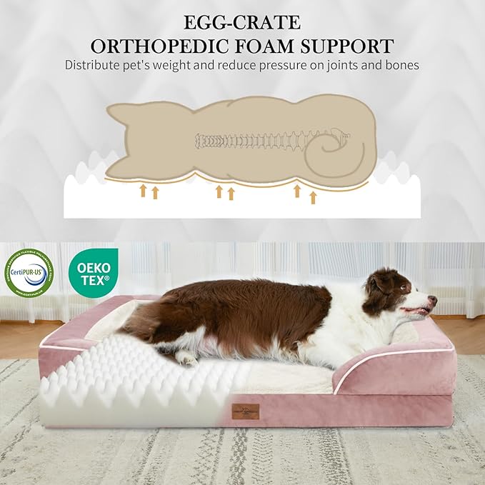 Comfort Expression Large Dog Beds Waterproof Orthopedic Foam Dog Sofa Beds Comfy Pet Bed with Washable Removable Cover & Non-Slip Bottom(Large,Pink)-Mewly Pet
