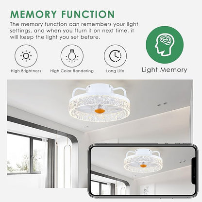 White Ceiling Fans with Lights and Remote - Low Profile Flush Mount Ceiling Fans - 13” Modern Bladeless Enclosed Ceiling Fans with Led Light and Stepless Dimming, White Small Ceiling Fan for Bedroom