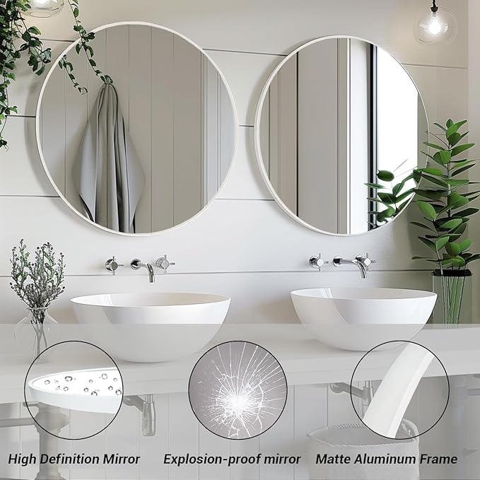 White Round Mirror, White Circle Mirror 24 inch, Matte Metal Frame Round Mirrors, Circle Mirrors for Bathroom, Living Room, Bedroom, Hallway.