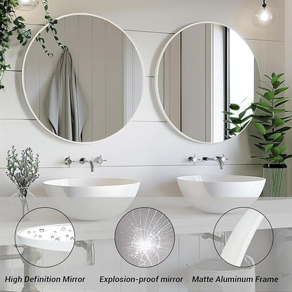 White Round Mirror 30 inch, Large Round Mirror, Bathroom Mirror Matte Metal Frame, Circle Mirrors for Living Room, Bathroom, Wall, Hallway.