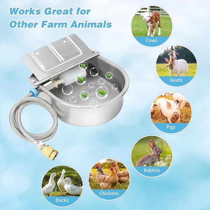 FHTONGE 304 Stainless Steel Automatic Dog Water Bowl Dispenser with Drainage and Float Valves, Large Auto Fill Dog Waterer for Outdoor Big Dogs Livestock Poultry Horse Cow Goat Pig Chicken Duck Rabbit-Mewly Pet