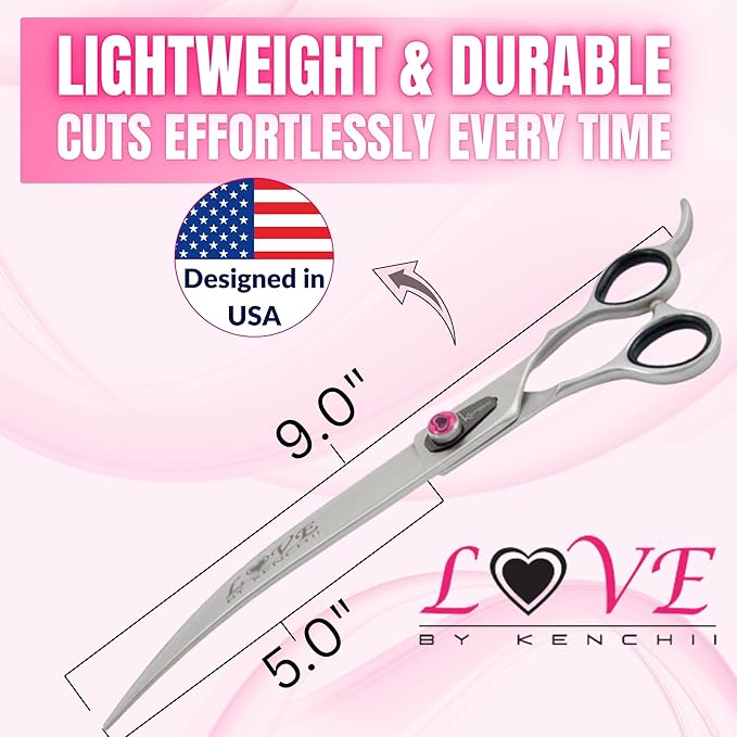 Kenchii Love Dog Grooming Scissors, 9 Inch Curved Shears, Dog Scissors for Grooming, Professional Pet Grooming Scissors-Mewly Pet