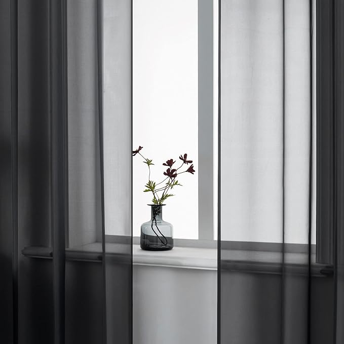 DUALIFE 72 Inches Length Black Sheer Curtains for Bedroom Set of 2 Panels Grommet Faux Linen Semi Voile Window Drapes Elegant Office Curtains for Men Living Room 52x72 Inches Long