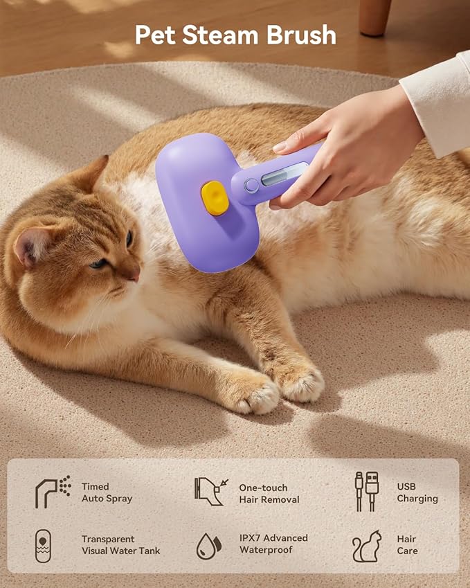 ROJECO 3-in-1 Pet Steam Brush for Cats&Dogs - Detangling Comb with Adjustable Mist, Handheld Deshedding Grooming Tool for Long/Short Hair, Massage Brush & Shedding Control Gift,Cordless,Purple-Mewly Pet