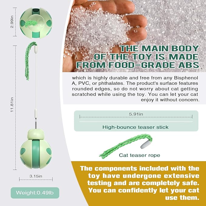 Cat Treat Interactive Toy, Indoor Puzzle Slow Feeding Mental Stimulation Sliding Rolling Cat Toy Ball with Cat Teaser, Cat Treat Dispenser Toy for Large, Medium and Small Cats (Green, ladybug)-Mewly Pet