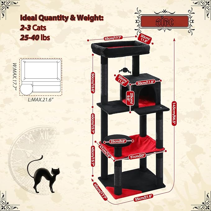 PETEPELA 56.3" Gothic Cat Tree for Indoor Cats, Tall Cat Tower with Super Large Hammock (20"X16"), Sisal Covered Scratching Posts, Cozy Condo and Top Perch Black-Mewly Pet