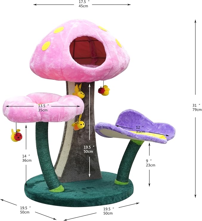 Catry® Wonderland 3-Level 31" Cat Tree with Mushroom Condo, Flower Perch, Sisal Scratching Pad, Parts Replaceable, Garden Style with Bee Toys. Multi- Color-Mewly Pet