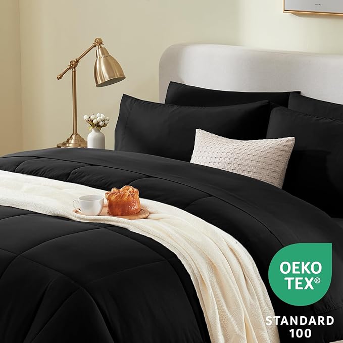 CozyLux Twin XL Comforter Set Black, 5 Pieces Twin Extra Long Bed in a Bag for College Dorm, All Season Bedding Set with Stitch Quilted Comforter, Flat Sheet, Fitted Sheet, Pillowcases