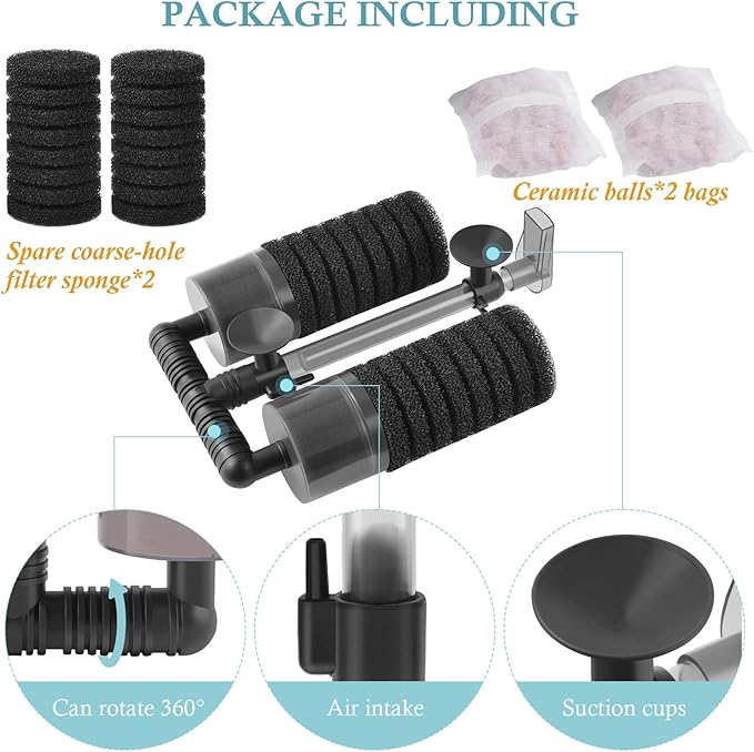 Air Powered Aquarium Sponge Filter with Biochemical Sponge and Ceramic Balls, Quiet Submersible Fish Tank Filter for 15-40Gallon （L-8.7in）-Mewly Pet