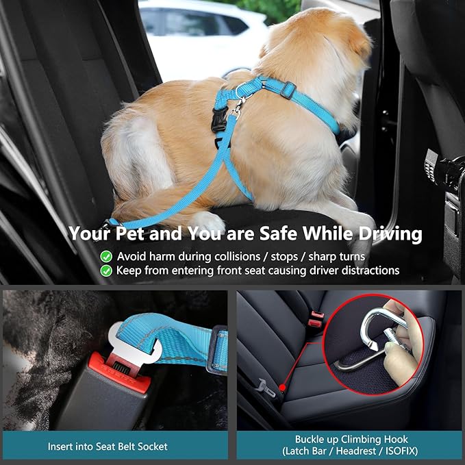 Dog Seat Belt Harness for Car, Dog Car Harness Adjustable Mesh Breathable & Dogs Seatbelt Safety Tether with Elastic Bungee for Small Medium Large Pets(Blue, M)-Mewly Pet