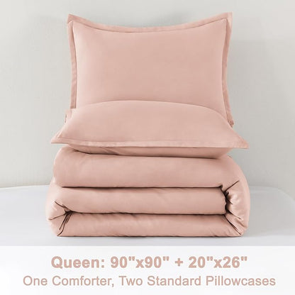 Litanika Pink Queen Size Comforter Set, 3 Pieces Blush Plain Bedding Comforter Set, All Season Bed Set (90x90In Comforter & 2 Pillowcases)