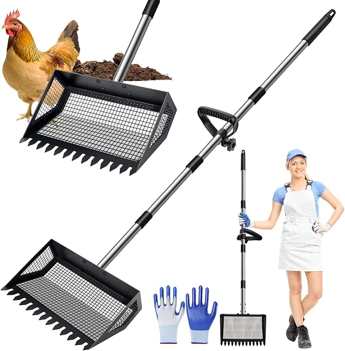 Chicken Poop Scooper & Rake 2-in-1, 32 to 68" Adjustable Stainless Steel Chicken Litter Scoop with Handle and Glove for Chick Coop Sands Multifunctional Litter Sifting Shovel for Hen Animals House-Mewly Pet