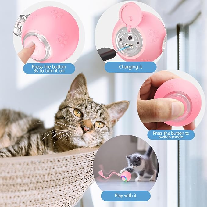 Interactive Cat Toys, Automatic Moving Cat Toys for Bored Indoor Adult Cats, Fast Rolling, Chirping & Motion-Activated Kitty Toys, Fun Gift for Cats with Speedy Tail 2.0, USB Rechargeable,Pink-Mewly Pet