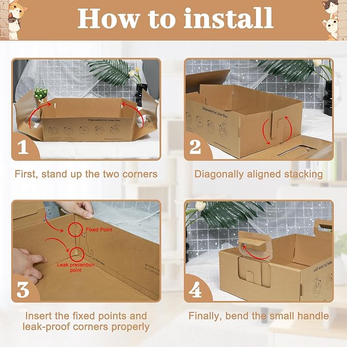 3-Pack Disposable Litter Boxes for Cats,Disposable 100% Renewable Cardboard Foldable Litter Boxes,Large-Capacity Portable Cardboard Cat Litter Box,Waterproof Travel Litter Box,17.2'' x 12.2'' x 5.3''-Mewly Pet